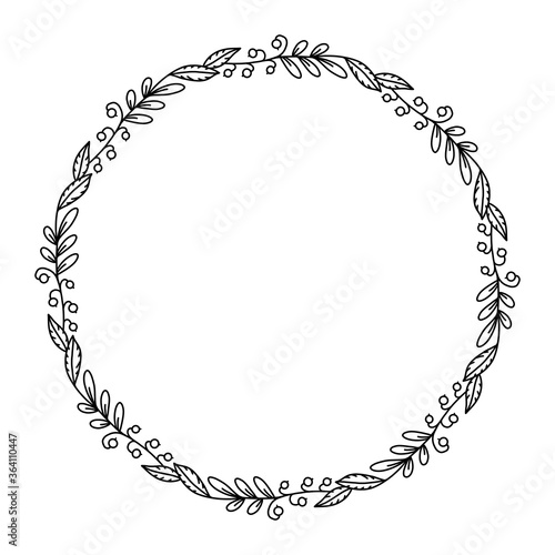 Beautiful frame wreath of interwoven berries and leaves on a white background. Black white wreath illustration with place for text. Wreath for wedding invitations, prints, cards.