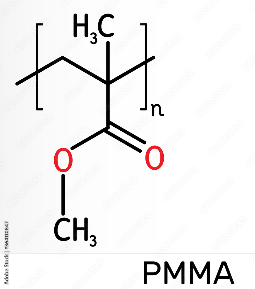 Poly(methyl methacrylate), acrylic glass, plexiglass, PMMA molecule. It is synthetic polymer of methyl methacrylate, is used for acrylic paint, latex, acrylic glass. Skeletal chemical formula Poly(methyl methacrylate), acrylic glass, plexiglass, PMMA molecule. It is synthetic polymer of methyl methacrylate, is used for acrylic paint, latex, acrylic glass. Skeletal chemical formula