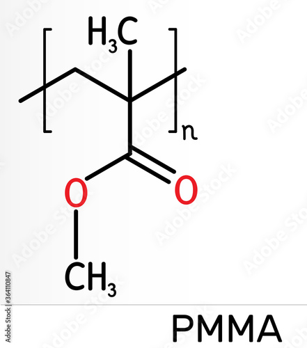 Poly(methyl methacrylate), acrylic glass, plexiglass, PMMA molecule. It is synthetic polymer of methyl methacrylate, is used for acrylic paint, latex, acrylic glass. Skeletal chemical formula photo