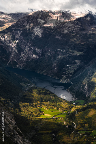 Geiranger fjord with one cruise ship in port seen from Dalsnibba viewpoint, Norway