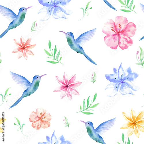 Floral seamless tropical pattern  summer background with exotic flowers  palm leaves  jungle leaf  orchid flower and hummingbird. Vintage botanical wallpaper  illustration in Hawaiian style.