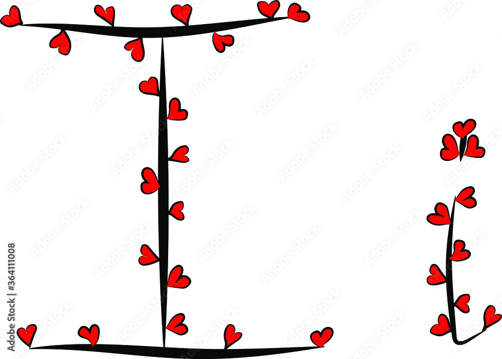 Festive romantic font. Black branches and bright red hearts. Valentine's day. Design of greeting cards and invitations. Latin English letters. Uppercase and lowercase letter I. Concise design