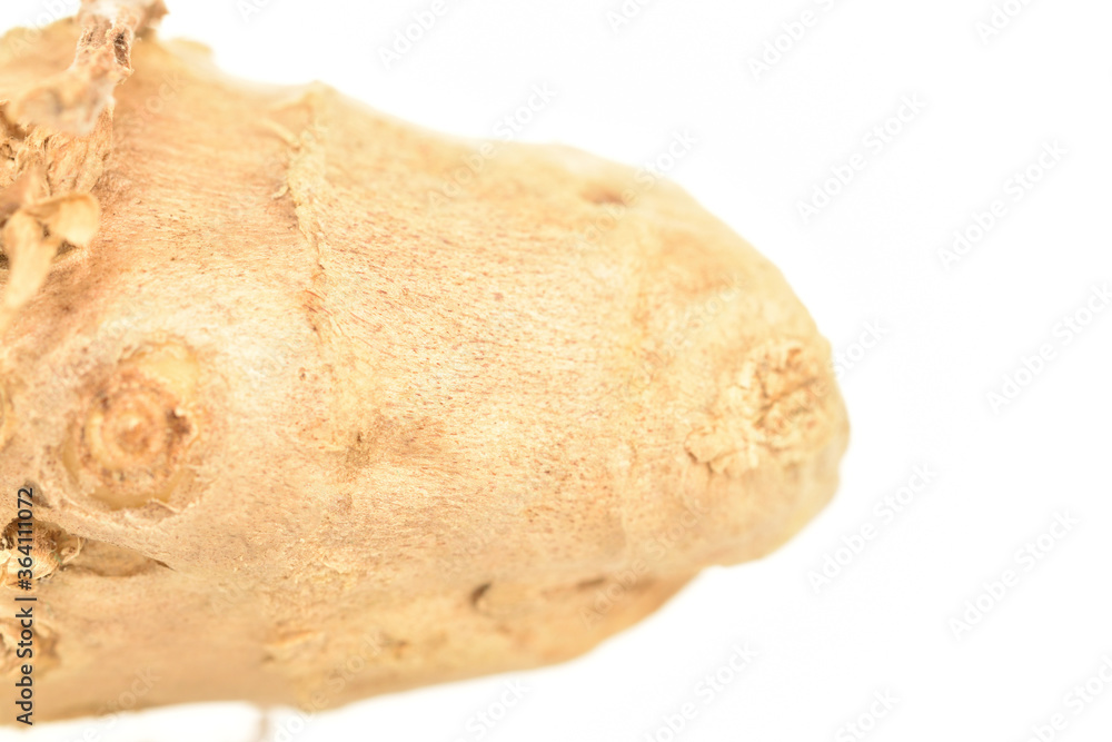 Ripe ginger root, close-up, on a white background.