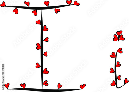 Festive romantic font. Black branches and bright red hearts. Valentine's day. Design of greeting cards and invitations. Latin English letters. Uppercase and lowercase letter I. Concise design