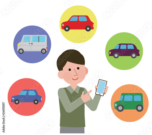 自動車をネットで選ぶ男性　イラスト