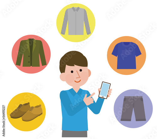 服をネットで選ぶ男性　イラスト