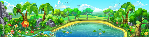 Vector panorama of a tropical forest with a lake. Fantastic flowers and other plants