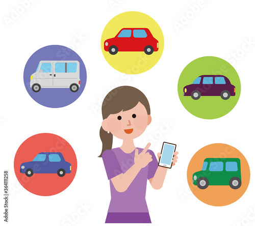 自動車をネットで選ぶ女性　イラスト
