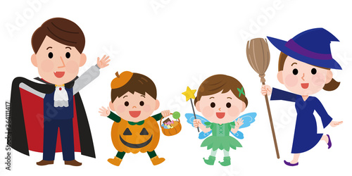親子　仮装　ハロウィンパーティ　イラスト