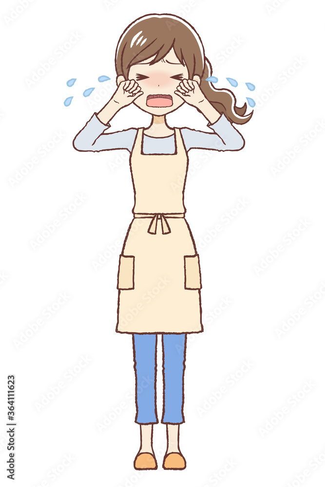大泣きするエプロン女性 大泣きするエプロン女性
