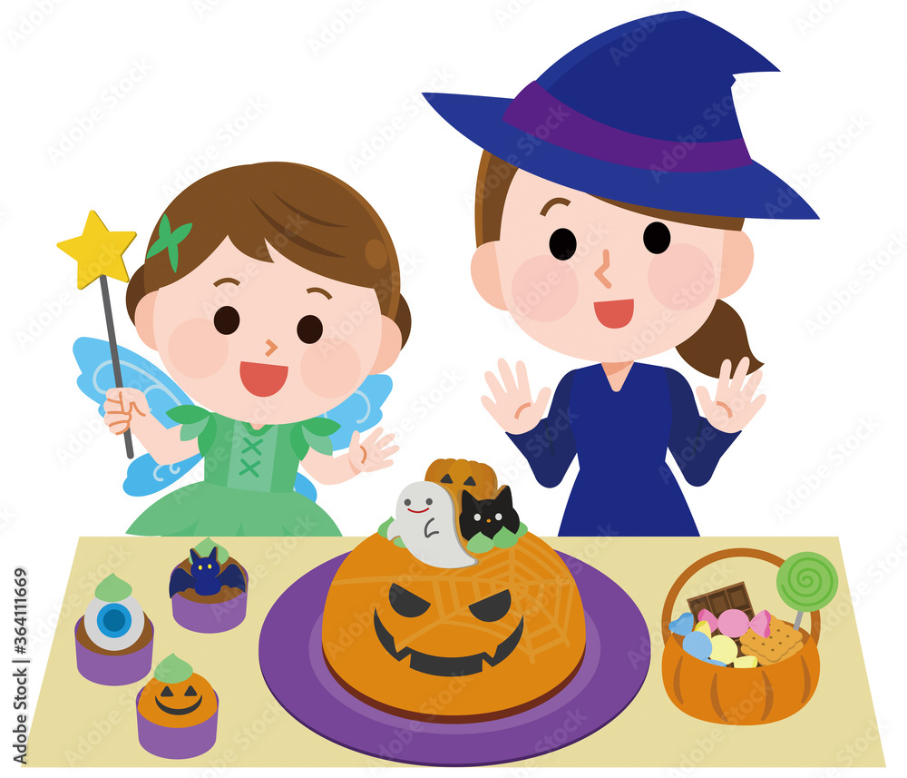 ハロウィン かわいいお菓子に喜ぶ子供と母親 イラスト ハロウィン かわいいお菓子に喜ぶ子供と母親 イラスト