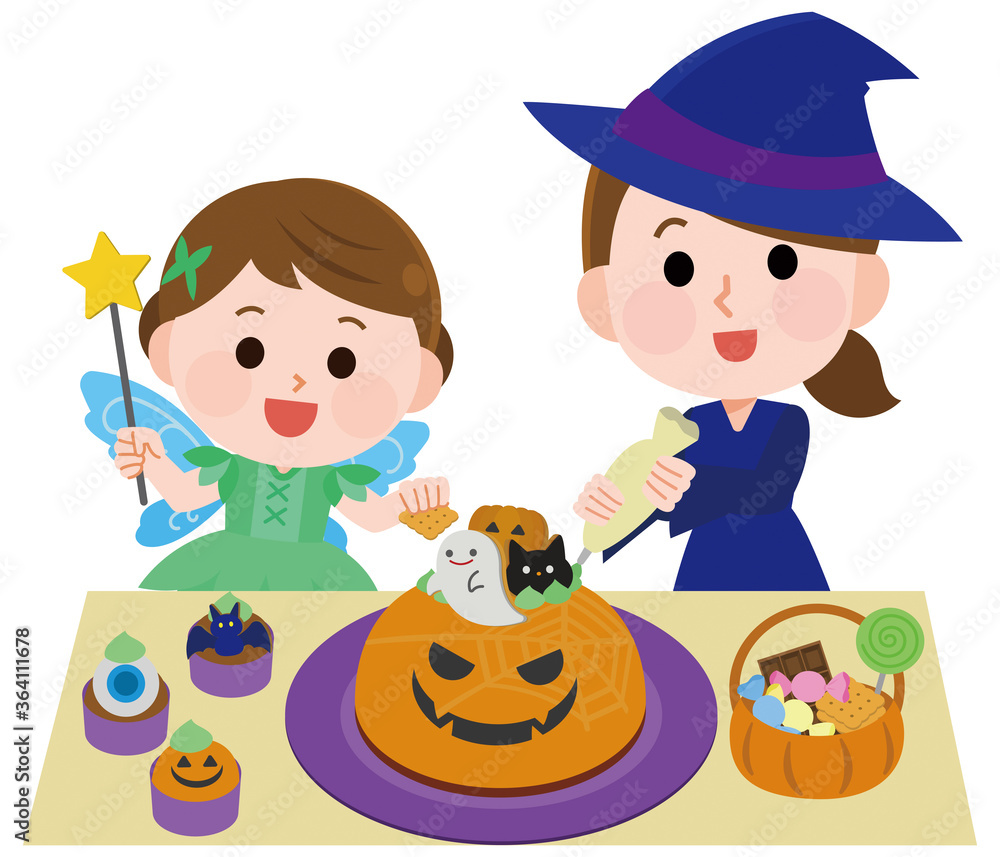 ハロウィン かわいいお菓子にを作る子供と母親 イラスト Stock Vektorgrafik Adobe Stock
