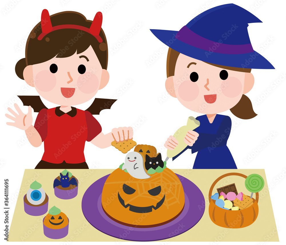 ハロウィン　かわいいお菓子を作る女子　イラスト