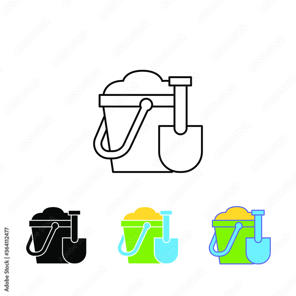Colorful toy Bucket and spade, sand With green bucket with blue shovel. Colorful plastic kid toy for play sand in Summer Beach icon. Flat and line Vector illustration design on white background EPS10 Colorful toy Bucket and spade, sand With green bucket with blue shovel. Colorful plastic kid toy for play sand in Summer Beach icon. Flat and line Vector illustration design on white background EPS10