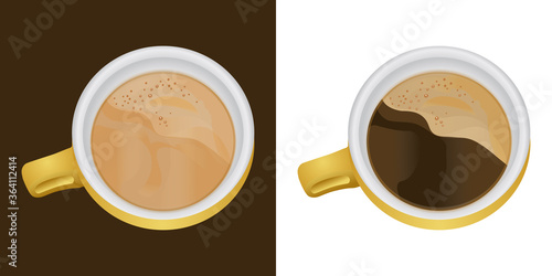 2 illustrations 3D d’une tasse vue du dessus remplie de café noir avec de la mousse.