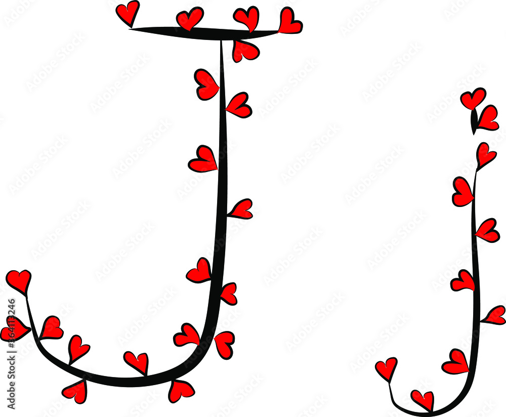 Festive romantic font. Black branches and bright red hearts. Valentine's day. Design of greeting cards and invitations. Latin English letters. Uppercase and lowercase letter J. Concise design