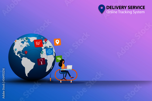 Concept of delivery service with online tracking system, business woman is working on her laptop to check and track the shipments in a background of globe and route of shipments.