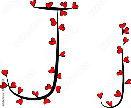 Obraz na płótnie Festive romantic font. Black branches and bright red hearts. Valentine's day. Design of greeting cards and invitations. Latin English letters. Uppercase and lowercase letter J. Concise design w salonie