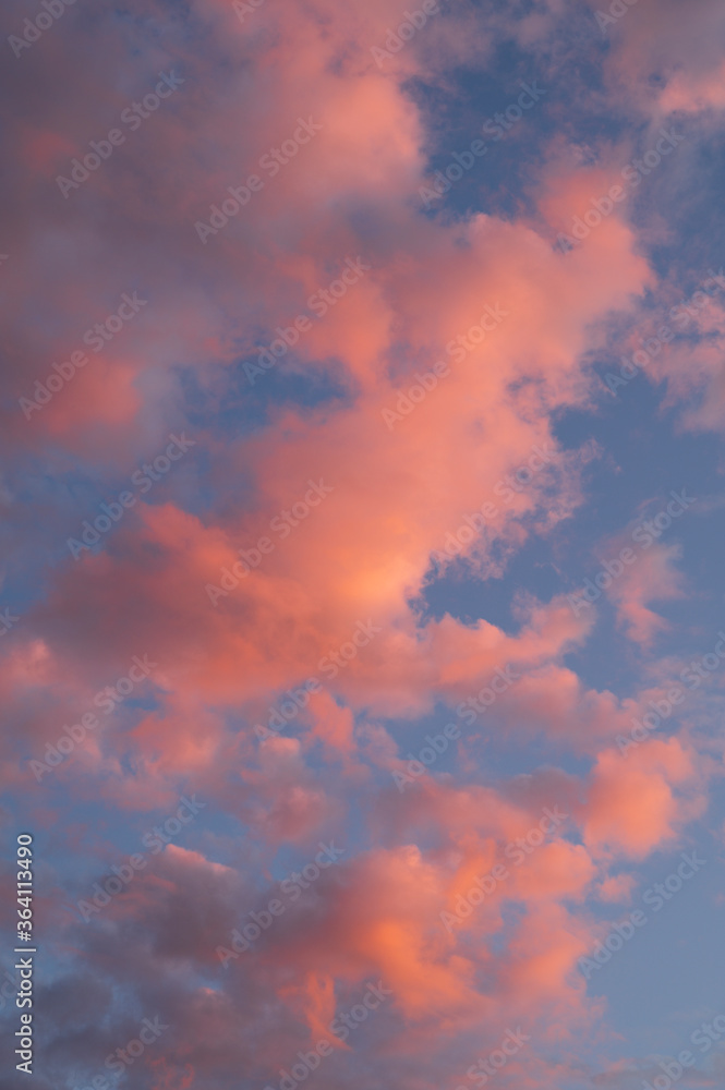 beautiful photo of the blue sky and clouds painted pink by the sunset