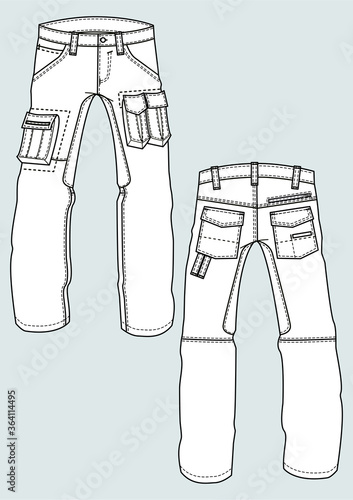 Pantaloni cargo uomo disegno piatto sketch fashion illustration fronte e retro mock up vetttoriale