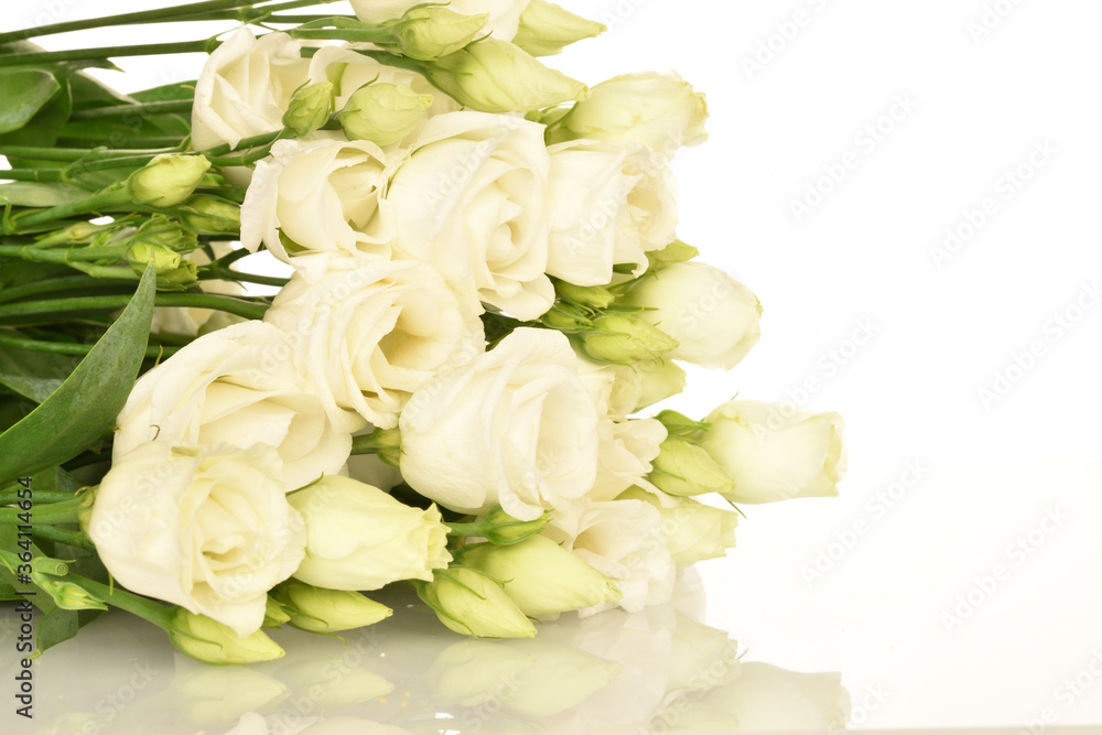 Obraz premium Slate serving board with water drops, close-up. Bouquet of white eustoma, close-up.