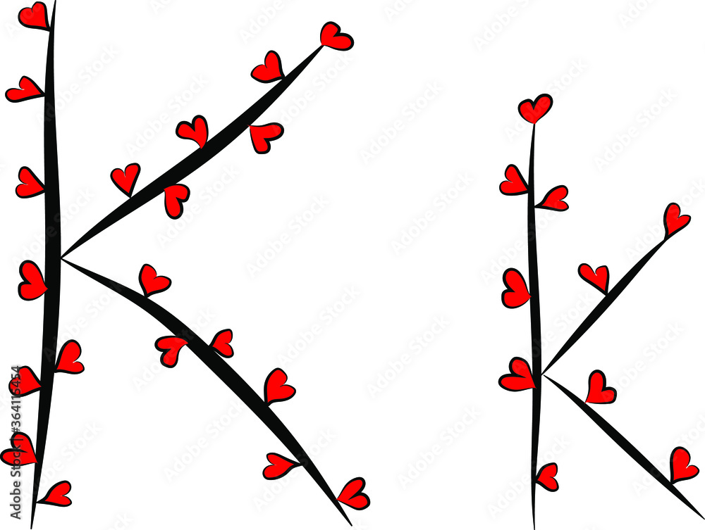 Festive romantic font. Black branches and bright red hearts. Valentine's day. Design of greeting cards and invitations. Latin English letters. Uppercase and lowercase letter K. Concise design