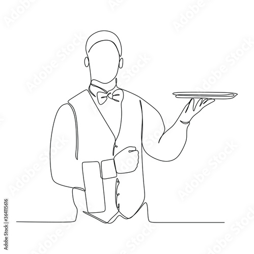 A waiter brought the tray. Continuous single line illustration drawing vector