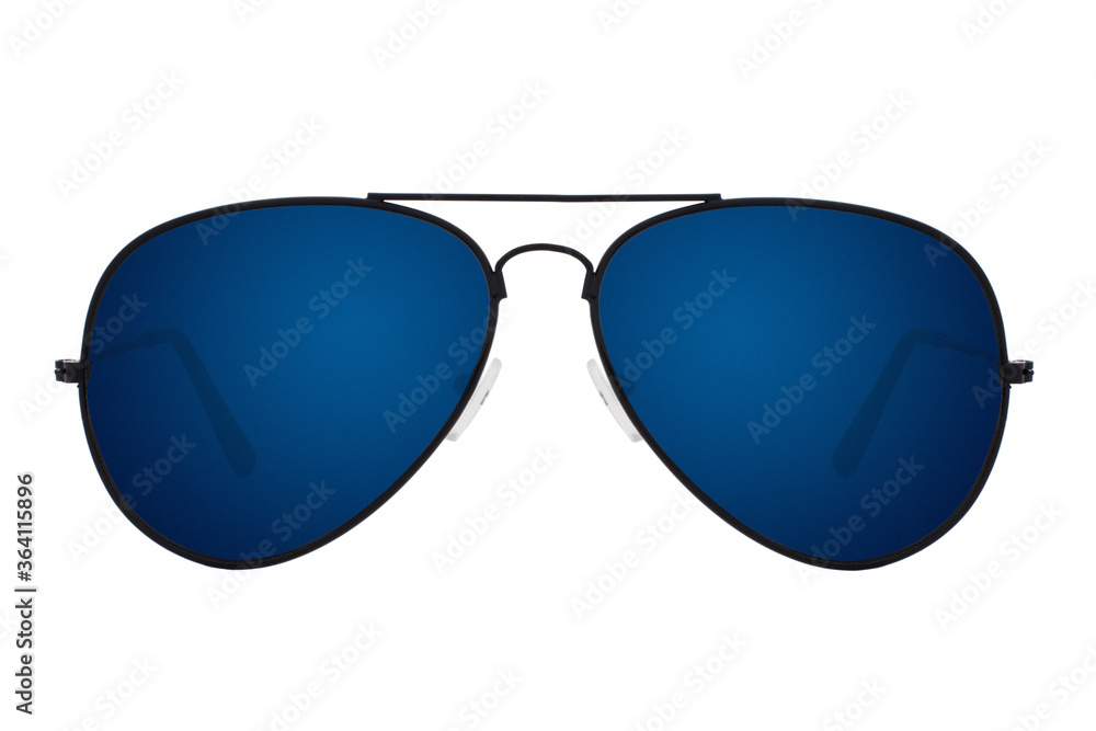 Sunglasses with a black frame and blue lens isolated on white background.