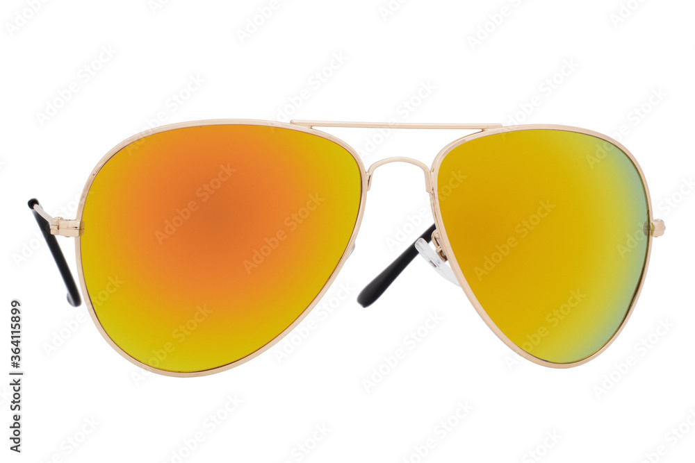 Sunglasses with a gold frame and orange mirror lens isolated on white background.