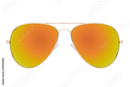 Sunglasses with a gold frame and orange mirror lens isolated on white background.