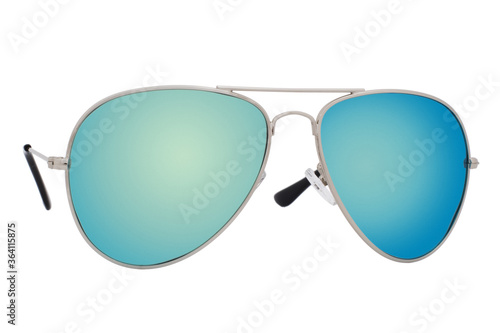 Sunglasses with a silver frame and blue mirror lens isolated on white background.