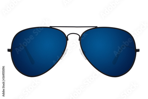 Obraz na płótnie Sunglasses with a black frame and blue lens isolated on white background. w salonie