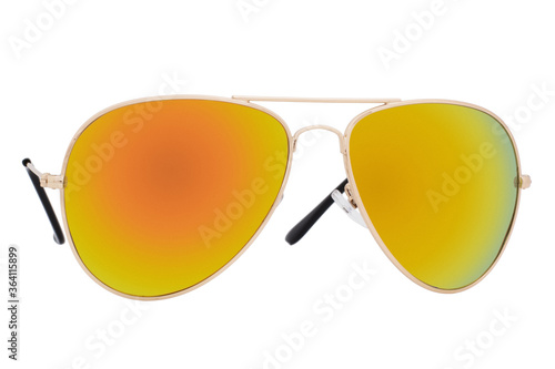 Obraz na płótnie Sunglasses with a gold frame and orange mirror lens isolated on white background. w salonie
