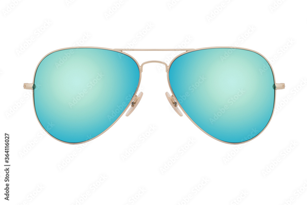 Sunglasses with a gold frame and blue lens isolated on white background.