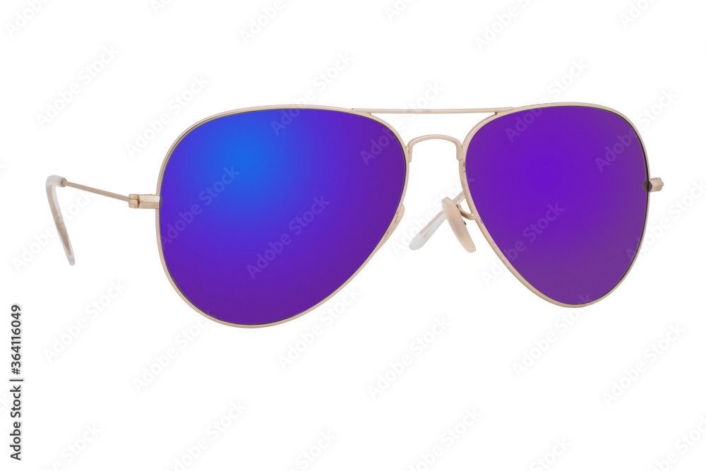 Sunglasses with a gold frame and purple lens isolated on white background.