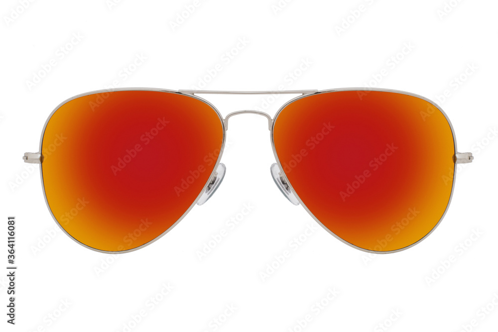 Sunglasses with a silver frame and red lens isolated on white background.
