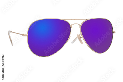 Sunglasses with a gold frame and purple lens isolated on white background.