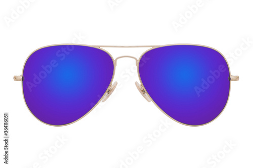 Sunglasses with a gold frame and purple lens isolated on white background.
