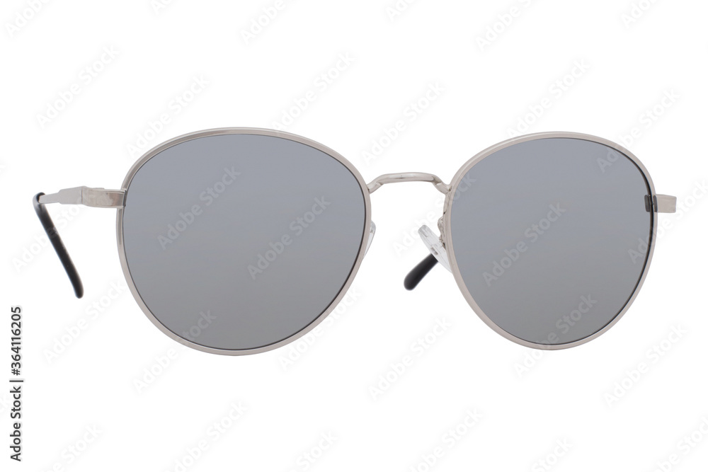 Sunglasses with a silver frame and mirror lens isolated on white background.