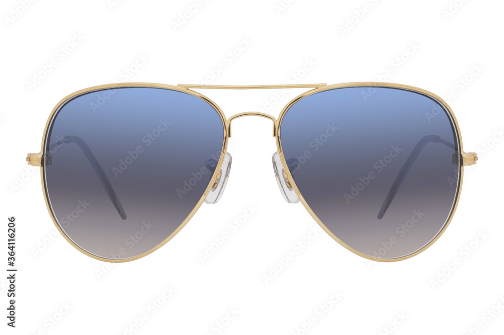 Sunglasses with a gold frame and blue lens isolated on white background.