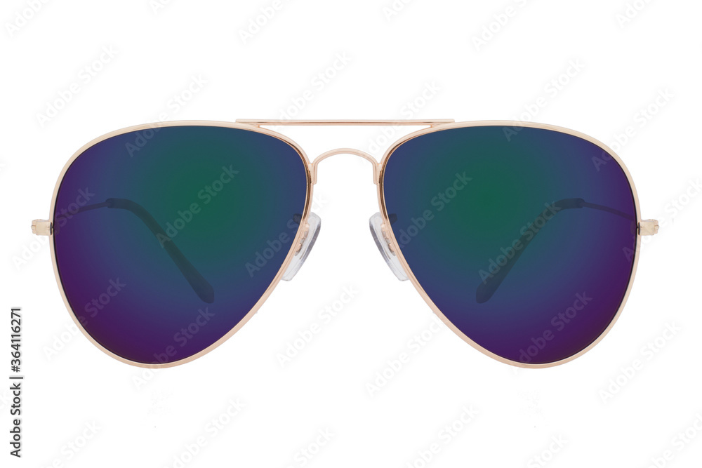 Sunglasses with a gold frame and green lens isolated on white background.