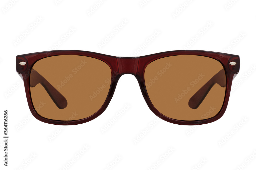 Sunglasses with a brown plastic frame and brown lenses isolated on white background.