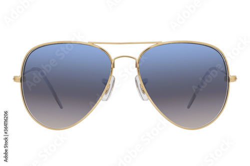 Obraz na płótnie Sunglasses with a gold frame and blue lens isolated on white background. w salonie
