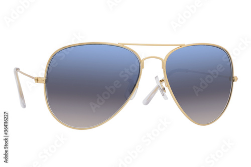 Sunglasses with a gold frame and blue lens isolated on white background.