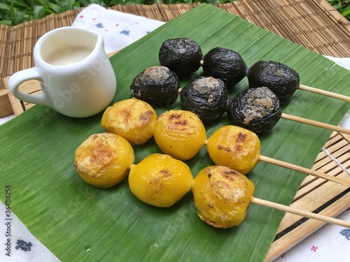 Pumpkin Bualoy and Black sesame Bualoy with milk sauce photo