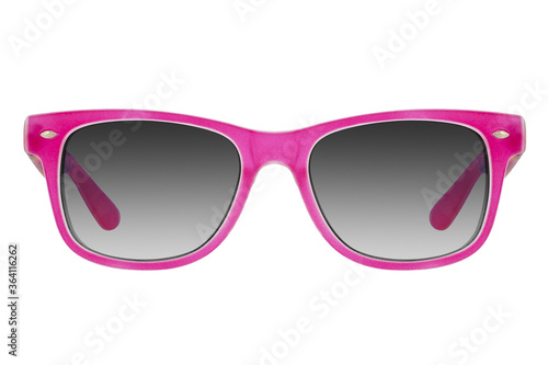 Sunglasses with a pink plastic frame and black lenses isolated on white background.