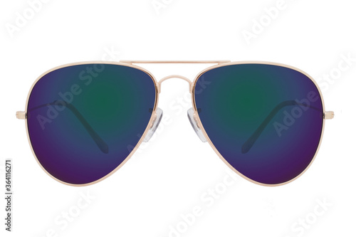 Sunglasses with a gold frame and green lens isolated on white background.
