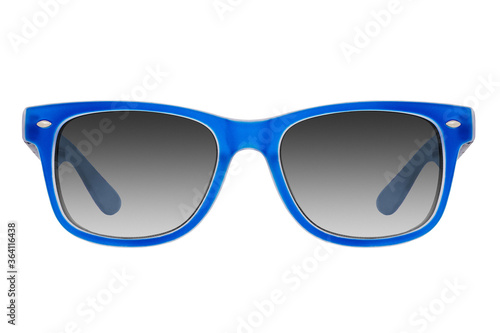 Sunglasses with a blue plastic frame and black lenses isolated on white background.
