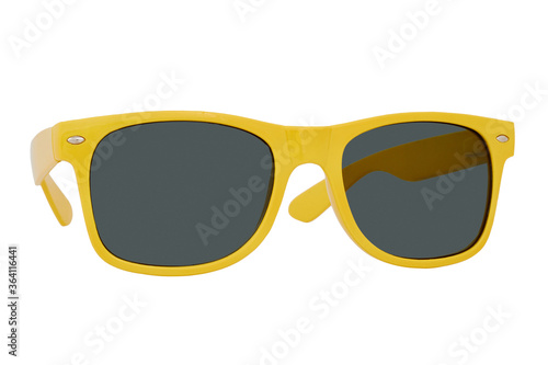 Sunglasses with a yellow plastic frame and black lenses isolated on white background.