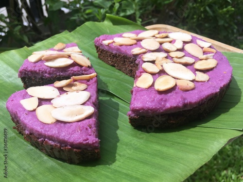 Purple potatoes chesscake healthy brawnies with almond slides photo